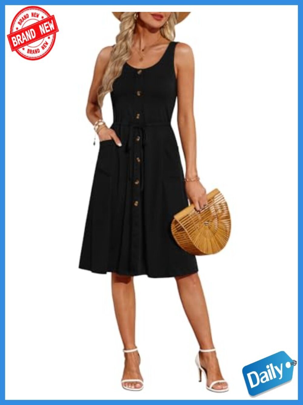 Sleeveless Button Down Tie Waist Midi Dress with Pockets